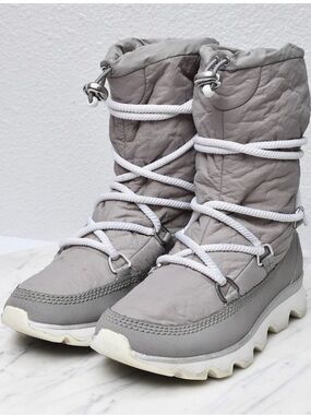 Sorel Light Gray Quilted Winter Boots with White Laces
